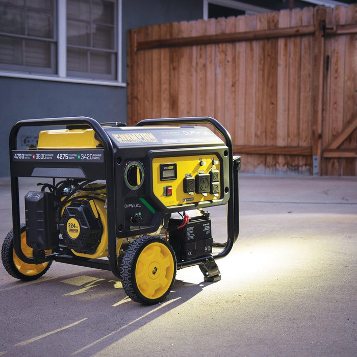 Champion dual fuel portable generator powering emergency home backup outside a house at night with extension cords and built-in outlet panel visible