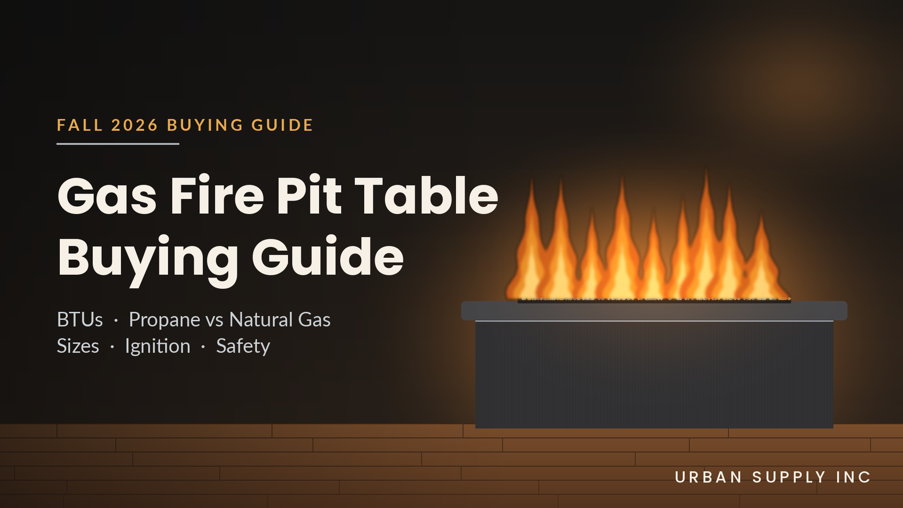 Linear gas fire pit table with flames on a wood deck - Urban Supply Inc