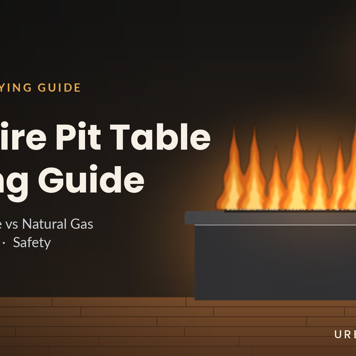 Linear gas fire pit table with flames on a wood deck - Urban Supply Inc