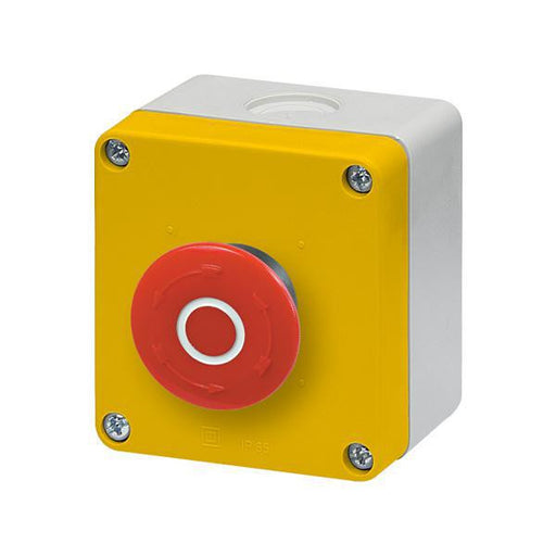 IMO Emergency Stop Button - Twist to release - 500VAC - 1NO + 1NC - Emergency Stop Twist Button yellow box with red button front view