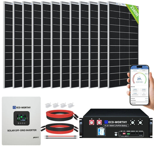 Green Vista Living Eco-Worthy 2340W 48V (12×195W) Complete MPPT Off-Grid Solar Kit | 5kW Inverter + 48V 100Ah Rack Battery