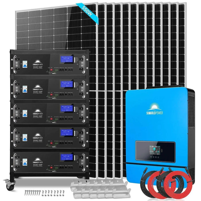 Green Vista Living Off Grid Solar Kit 10KW 48VDC 120V/240V 25.6KWH Lithium Battery 12 X 550 Watts Solar Panels SGR-10K25