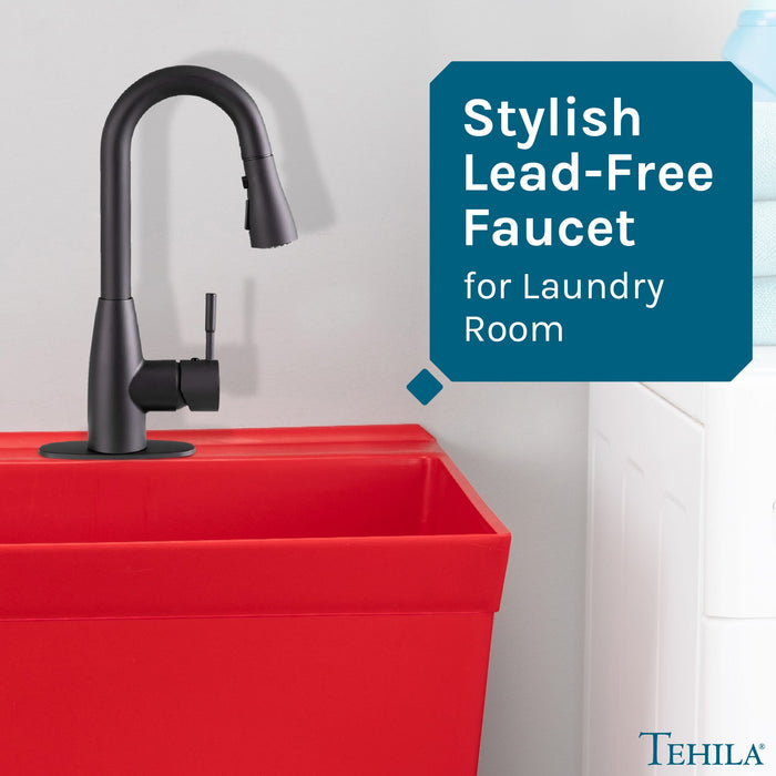 Utility Sink Tehila Black Finish Low Profile Pull-Down Faucet - Lifestyle View