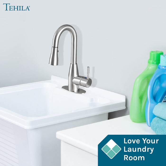 Utility Sink Tehila Stainless Steel Finish Low Profile Pull-Down Faucet - Detail View