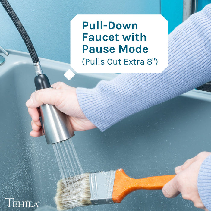 Utility Sink Tehila Stainless Steel Finish Low Profile Pull-Down Faucet - Installation View