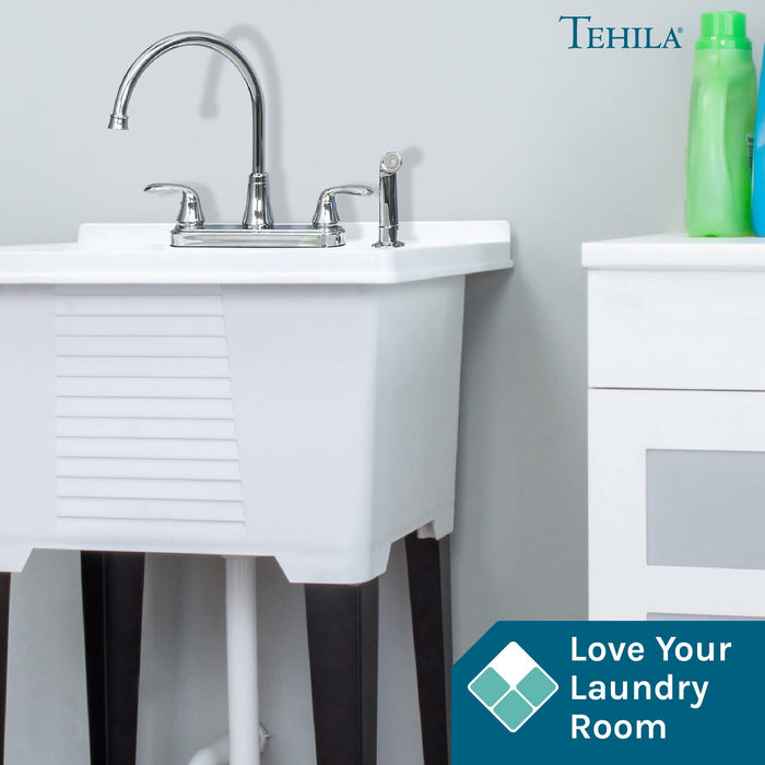 Utility Sink Tehila Chrome Finish Wide-set Gooseneck Faucet with Side Sprayer - Detail View