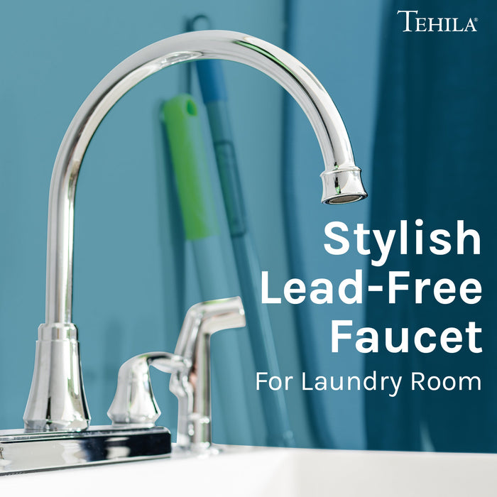Utility Sink Tehila Chrome Finish Wide-set Gooseneck Faucet with Side Sprayer - Close-Up