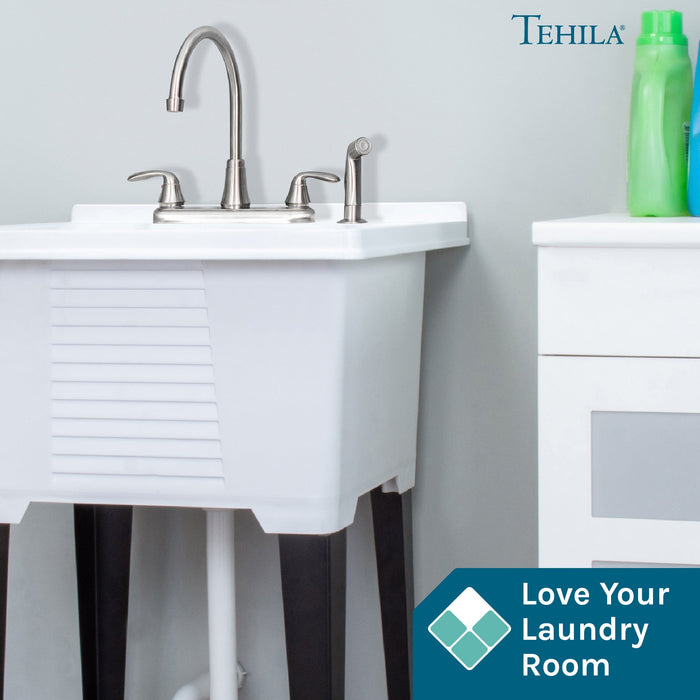 Utility Sink Tehila Stainless Steel Finish Wide-set Gooseneck Faucet with Side Sprayer - Detail View