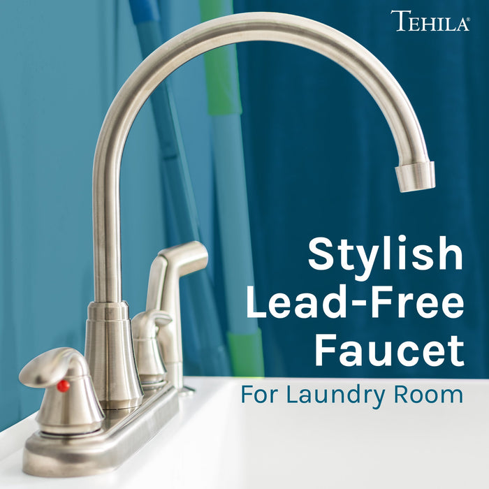 Utility Sink Tehila Stainless Steel Finish Wide-set Gooseneck Faucet with Side Sprayer - Close-Up