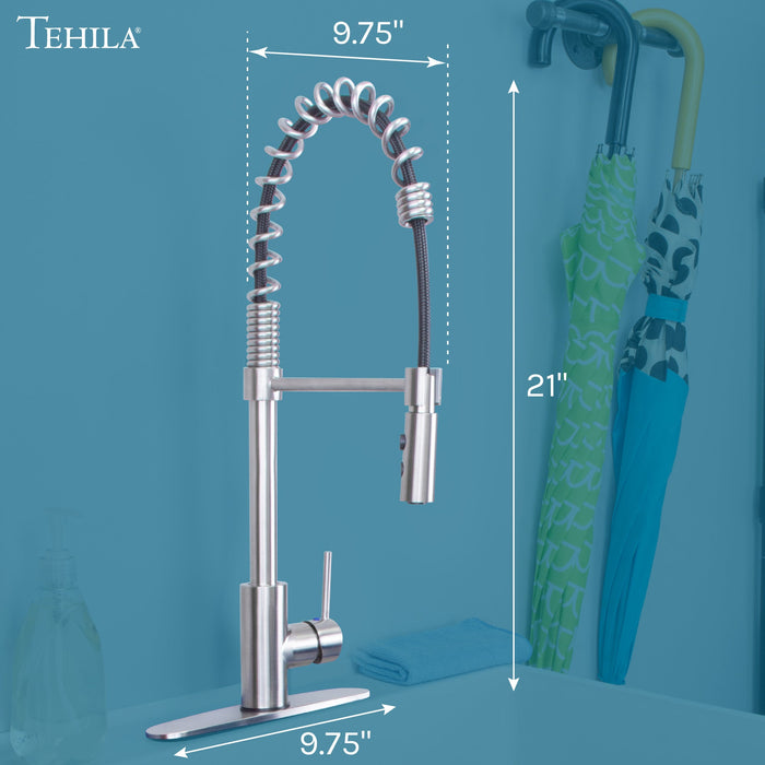 Utility Sink Tehila Stainless Steel Finish High Arc Coil Pull-Down Faucet - Side View