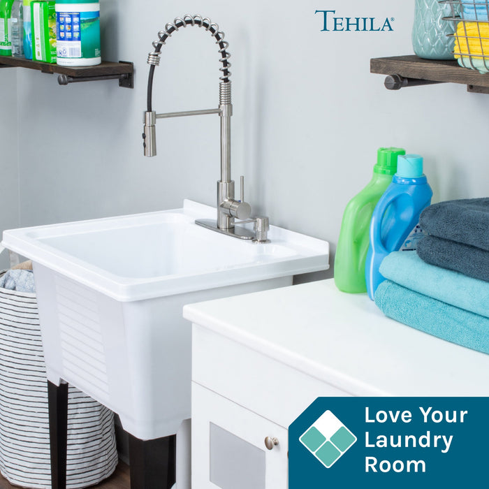 Utility Sink Tehila Stainless Steel Finish High Arc Coil Pull-Down Faucet - Detail View