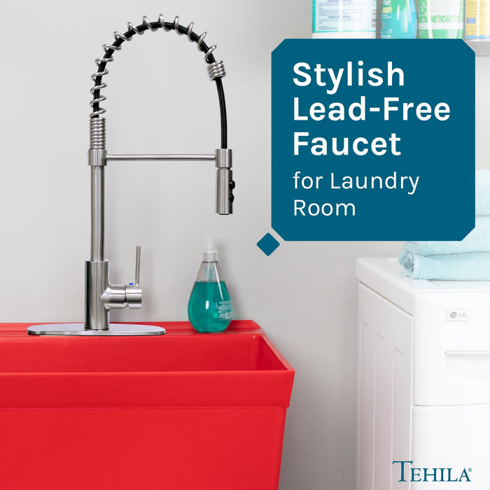Utility Sink Tehila Stainless Steel Finish High Arc Coil Pull-Down Faucet - Features