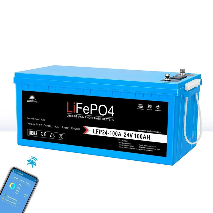 Green Vista Living Sungold Power 24V 100Ah LiFePo4 Deep Cycle Lithium Battery Bluetooth Self-Heating / IP65