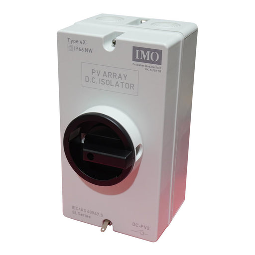 IMO DC Disconnect Rooftop Isolator Switch - 4 Pole - 2 String - IMO DC Disconnect Rooftop Isolator Switch displaying the side view highlighting the IP67-rated enclosure