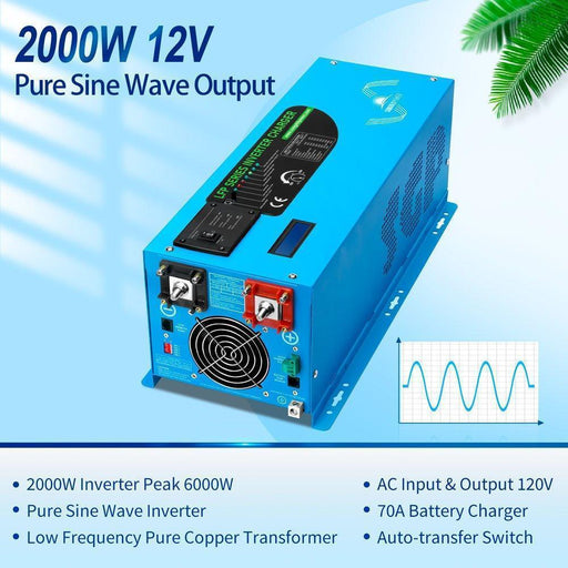 Green Vista Living Sungold Power 2000W DC 12V Pure Sine Wave Inverter With Charger - Side View