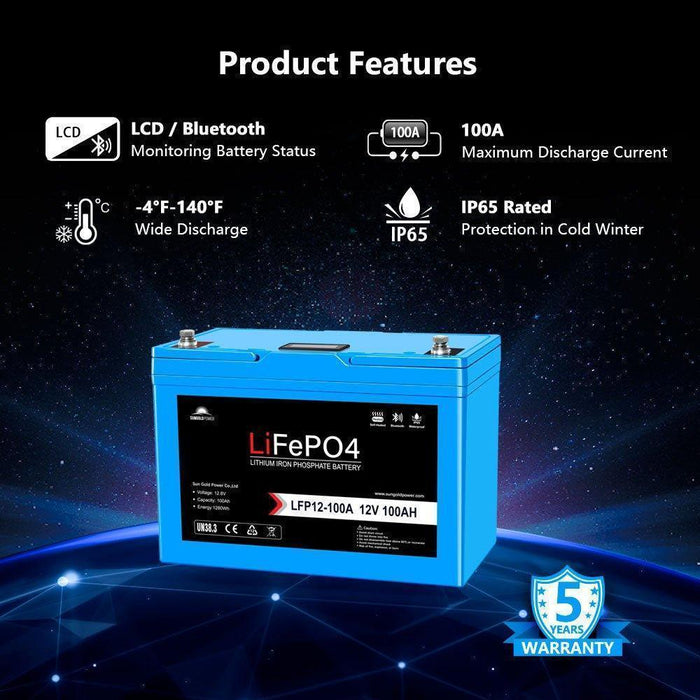 Green Vista Living Sungold Power 12V 100AH LiFePO4 Deep Cycle Lithium Battery / Bluetooth /Self-heating / IP65 - Side View