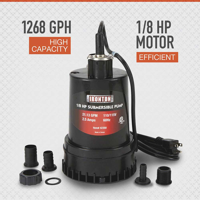 Ironton Submersible Pump, 1,268 GPH, 1/8-HP, 1-In. Port – 42358