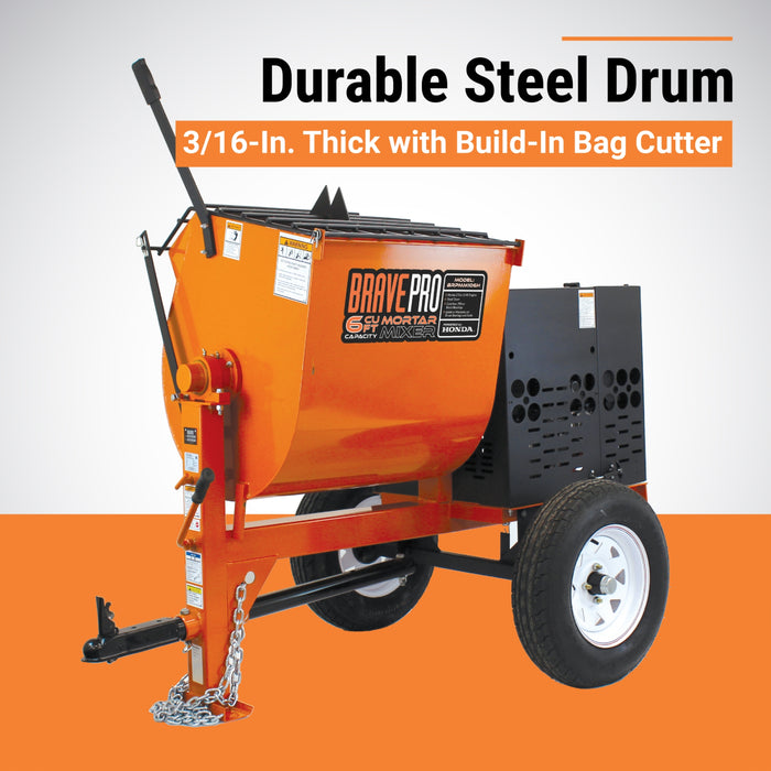 BravePro Mortar Mixer, 6 Cu. Ft. Steel Drum, Honda GX240 – BRPMM106H