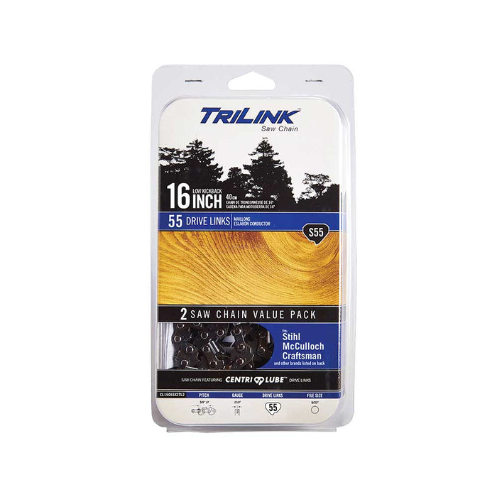 TriLink Saw Chain, 16 In., 55 DL, 3/8 In. LP, .050 In., Semi-Chisel Reduced Kickback, 2 Pack – CL15055X2TL2