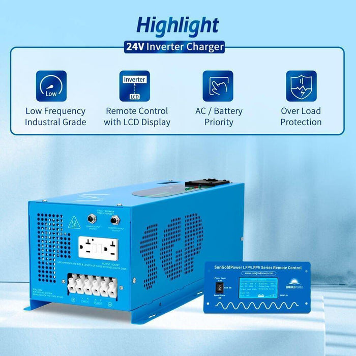 Green Vista Living Sungold Power 3000W DC 24V Pure Sine Wave Inverter With Charger - Detail View