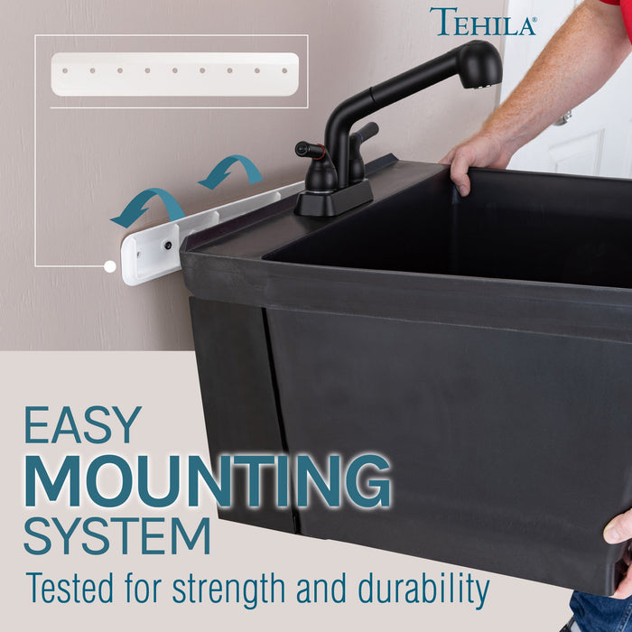 Tehila Standard Wall-Mounted Black Utility Sink with Black Finish Pull-Out Faucet - Detail View