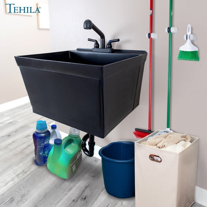 Tehila Standard Wall-Mounted Black Utility Sink with Black Finish Pull-Out Faucet - Close-Up