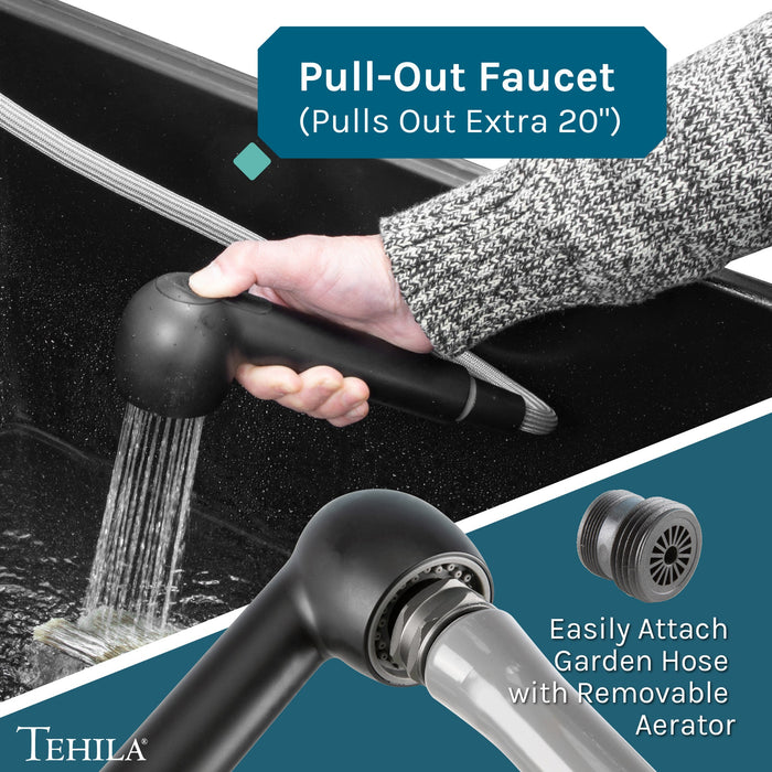 Tehila Standard Wall-Mounted Black Utility Sink with Black Finish Pull-Out Faucet - Lifestyle View