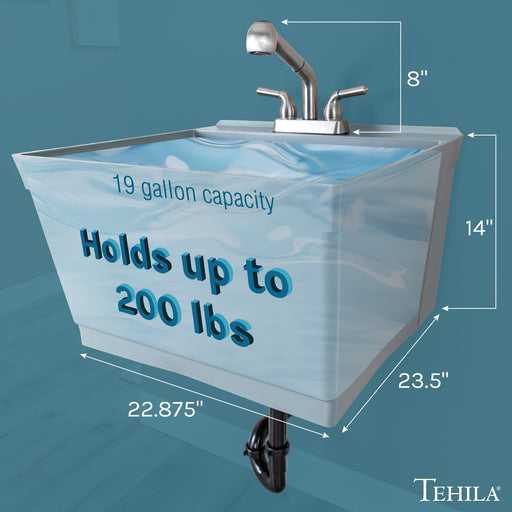 Tehila Standard Wall-Mounted Grey Utility Sink with Stainless Steel Finish Pull-Out Faucet - Side View