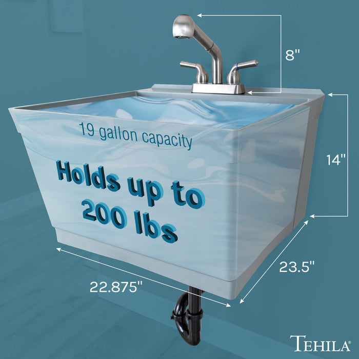 Tehila Standard Wall-Mounted Grey Utility Sink with Stainless Steel Finish Pull-Out Faucet - Side View