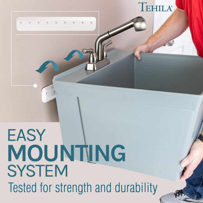 Tehila Standard Wall-Mounted Grey Utility Sink with Stainless Steel Finish Pull-Out Faucet - Close-Up