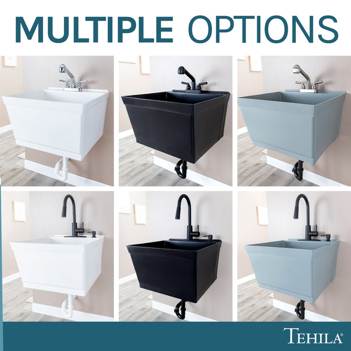 Tehila Standard Wall-Mounted Grey Utility Sink with Stainless Steel Finish Pull-Out Faucet - Installation View