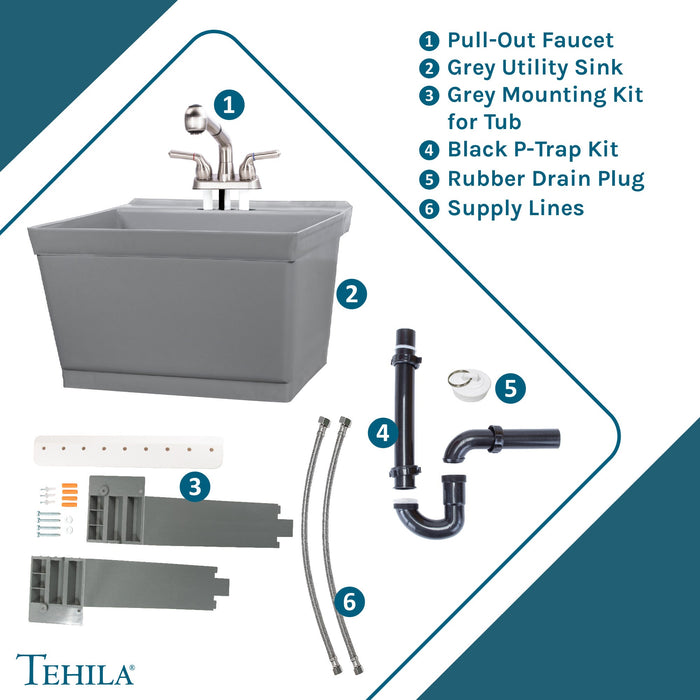 Tehila Standard Wall-Mounted Grey Utility Sink with Stainless Steel Finish Pull-Out Faucet - View 9