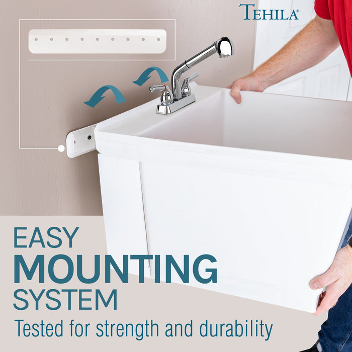 Tehila Standard Wall-Mounted White Utility Sink with Chrome Finish Pull-Out Faucet - Close-Up