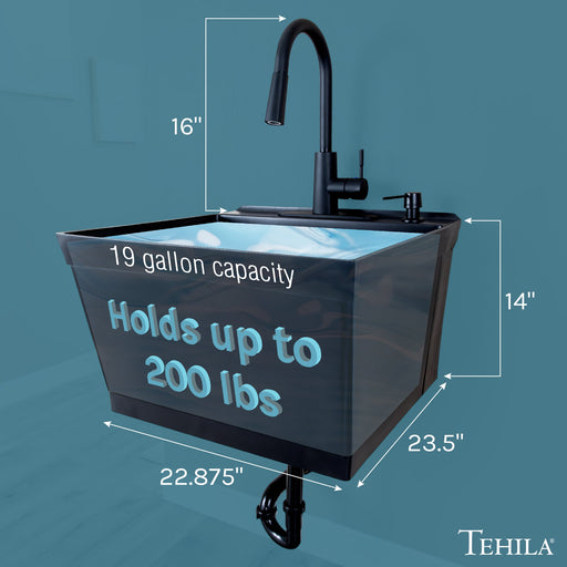 Tehila Standard Wall-Mounted Black Utility Sink with Black Finish Pull-Down Faucet - Side View