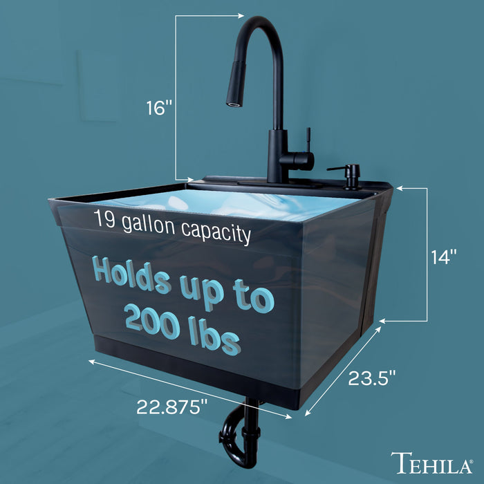 Tehila Standard Wall-Mounted Black Utility Sink with Black Finish Pull-Down Faucet - Side View