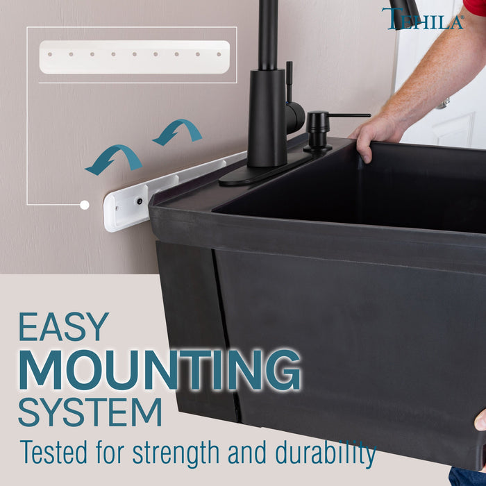 Tehila Standard Wall-Mounted Black Utility Sink with Black Finish Pull-Down Faucet - Detail View