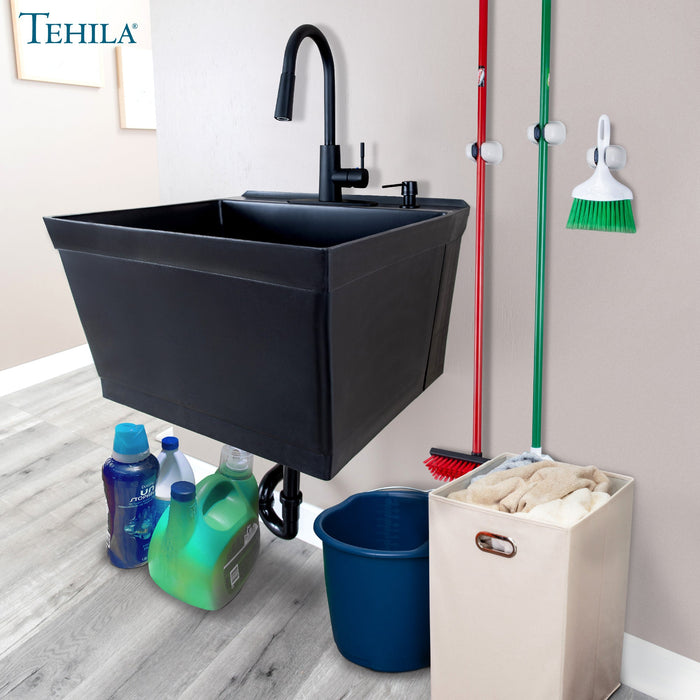 Tehila Standard Wall-Mounted Black Utility Sink with Black Finish Pull-Down Faucet - Close-Up