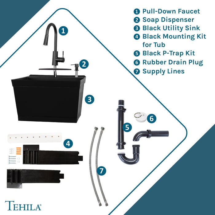Tehila Standard Wall-Mounted Black Utility Sink with Black Finish Pull-Down Faucet - View 9