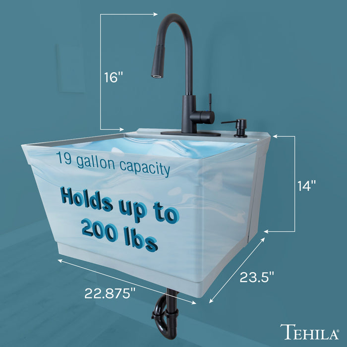 Tehila Standard Wall-Mounted Grey Utility Sink with Black Finish Pull-Down Faucet - Side View