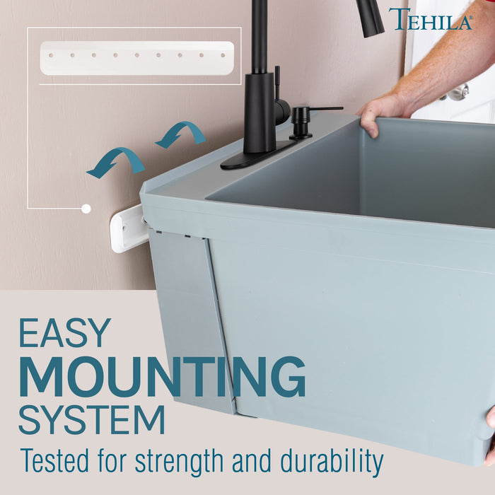 Tehila Standard Wall-Mounted Grey Utility Sink with Black Finish Pull-Down Faucet - Close-Up