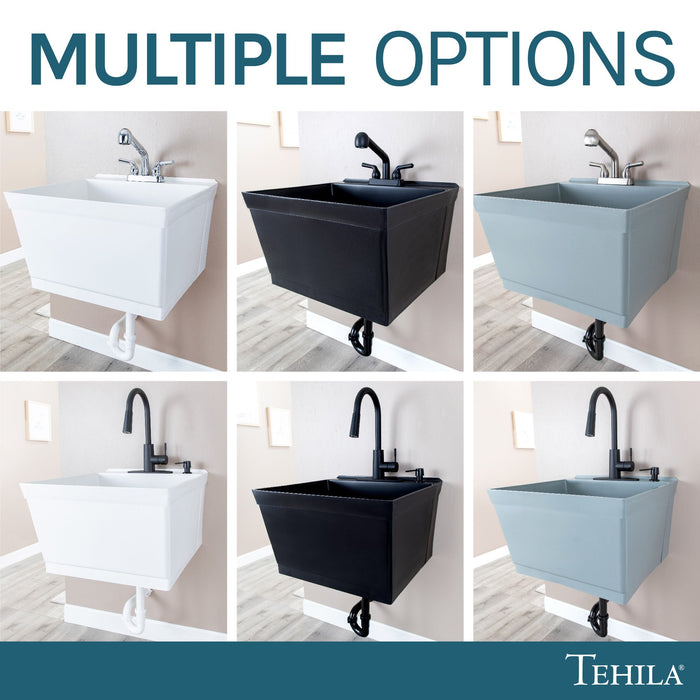 Tehila Standard Wall-Mounted Grey Utility Sink with Black Finish Pull-Down Faucet - Installation View