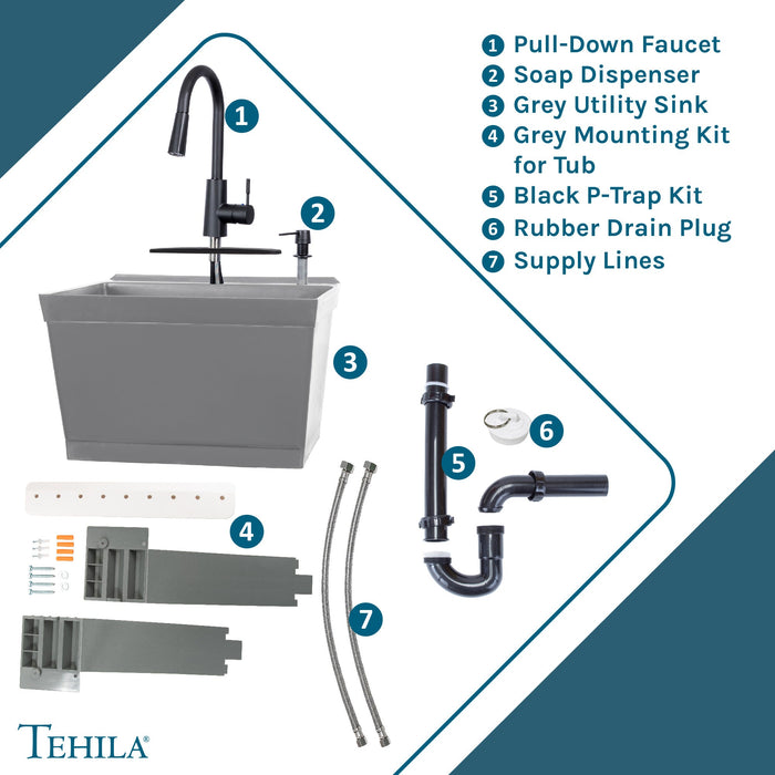 Tehila Standard Wall-Mounted Grey Utility Sink with Black Finish Pull-Down Faucet - View 9