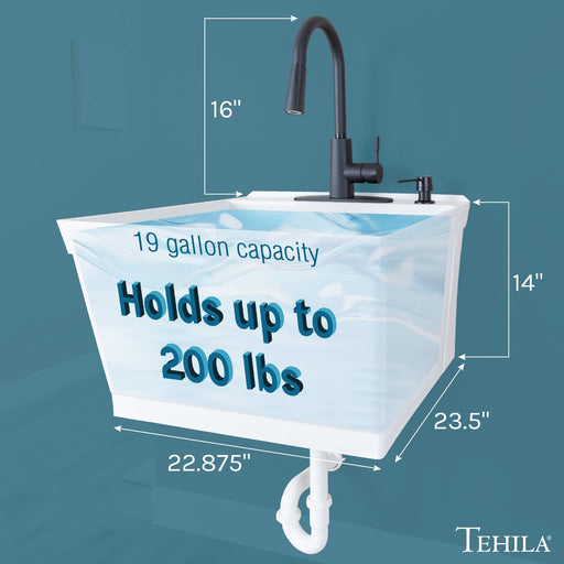Tehila Standard Wall-Mounted White Utility Sink with Black Finish Pull-Down Faucet - Side View