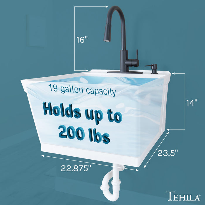 Tehila Standard Wall-Mounted White Utility Sink with Black Finish Pull-Down Faucet - Side View