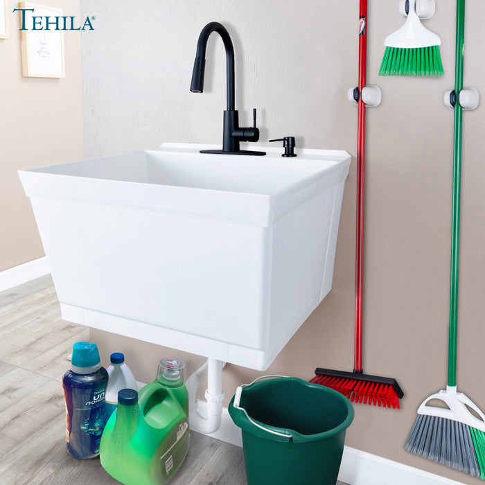 Tehila Standard Wall-Mounted White Utility Sink with Black Finish Pull-Down Faucet - Detail View