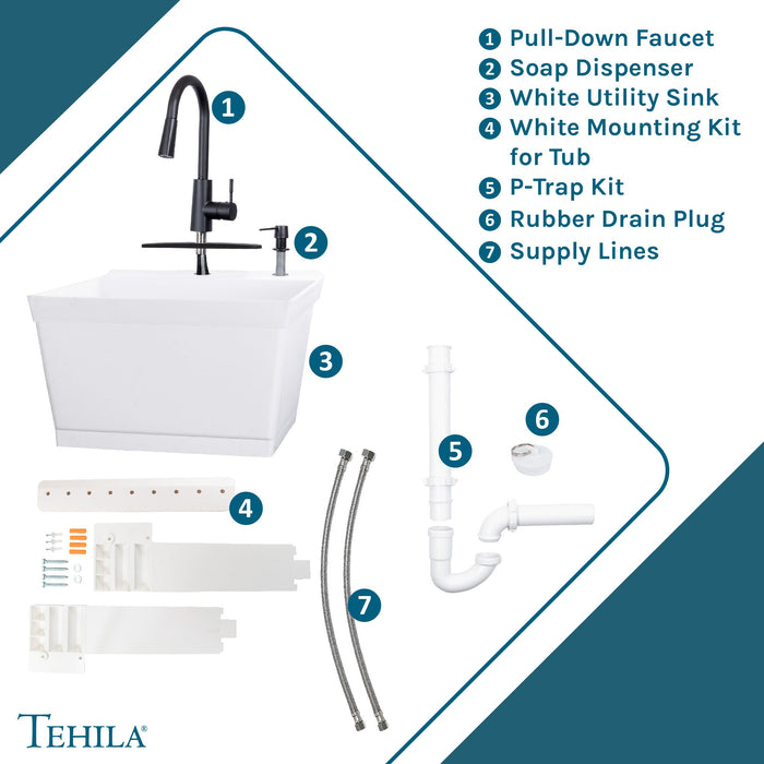 Tehila Standard Wall-Mounted White Utility Sink with Black Finish Pull-Down Faucet - View 9
