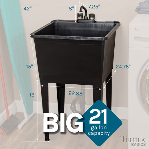 Tehila Basics Freestanding Black Utility Sink with Black Finish Dual Handle Utility Faucet - Side View