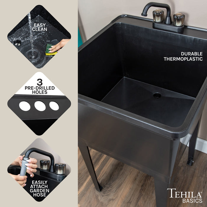 Tehila Basics Freestanding Black Utility Sink with Black Finish Dual Handle Utility Faucet - Features