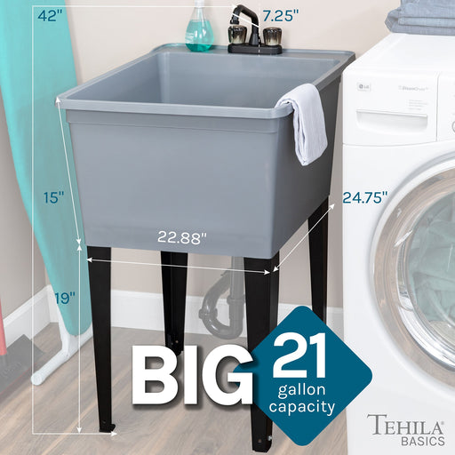 Tehila Basics Freestanding Grey Utility Sink with Black Finish Dual Handle Utility Faucet - Side View
