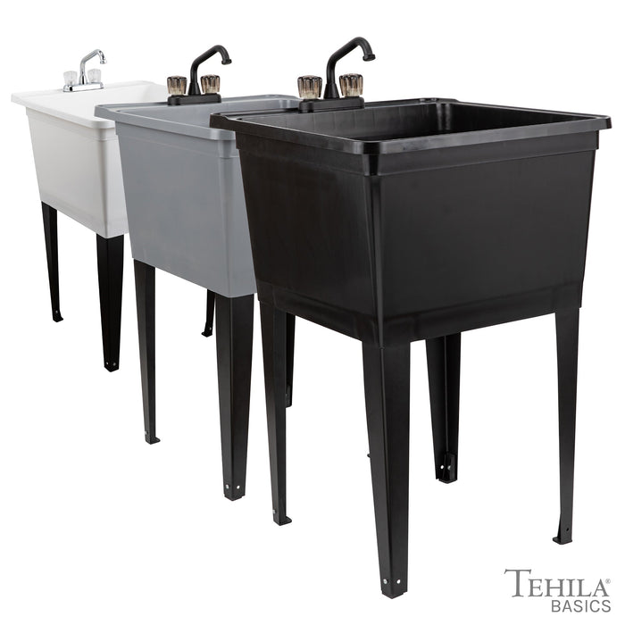 Tehila Basics Freestanding Grey Utility Sink with Black Finish Dual Handle Utility Faucet - Installation View